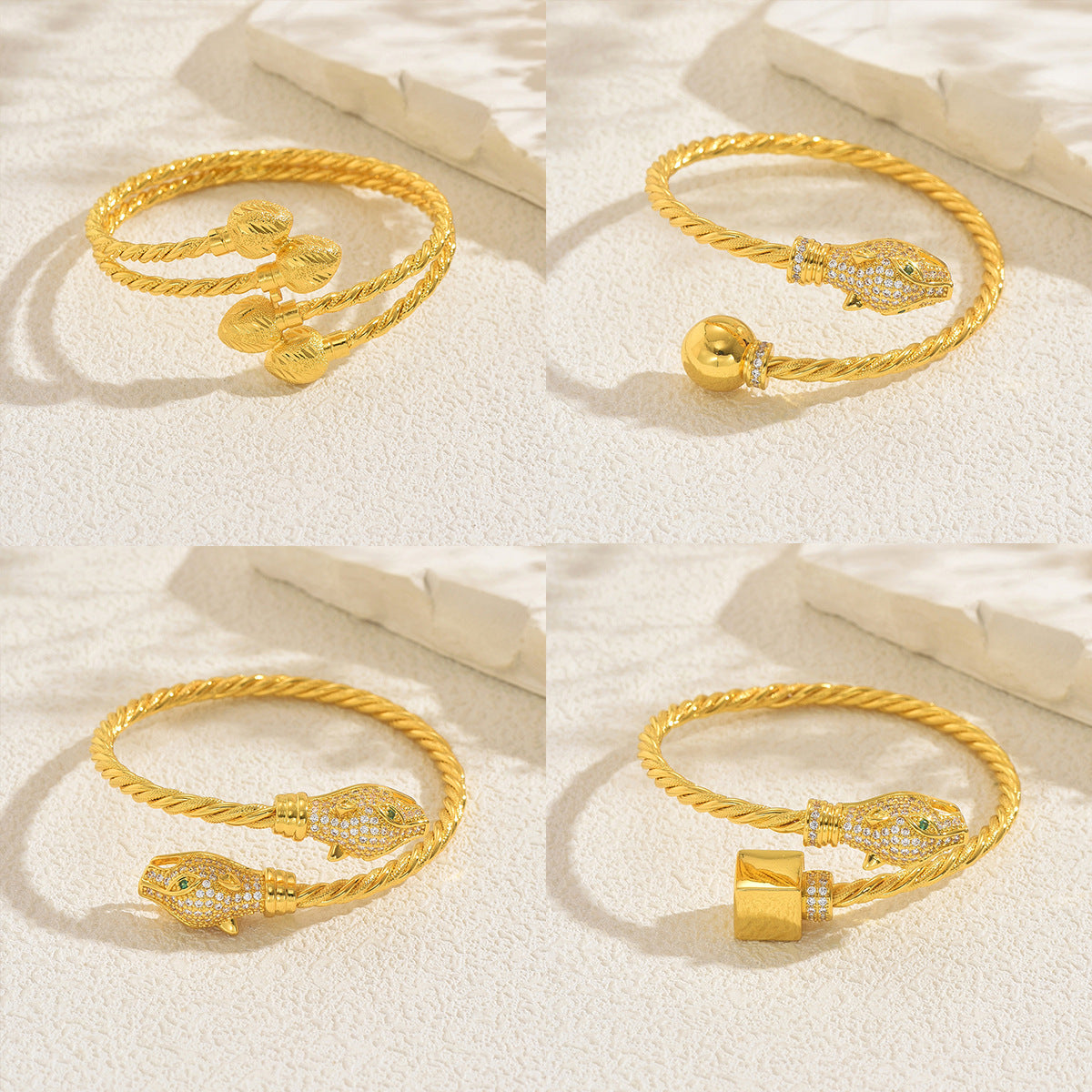 Luxury Geometric Snake-Shaped Open Bangle Set for Women Made of Brass Alloy with Rhinestone Inlay