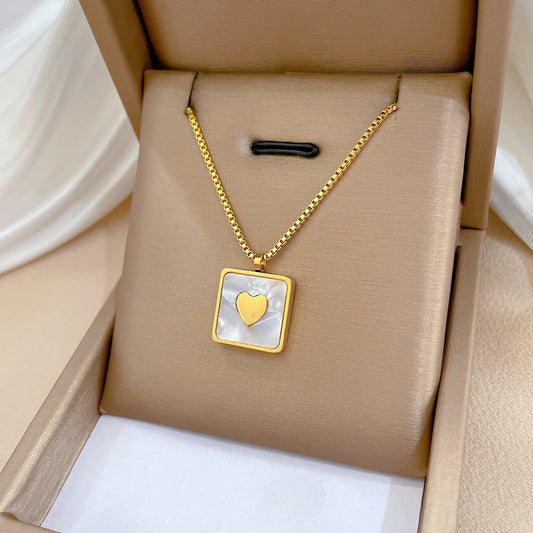 Minimalist Geometric Mother-of-Pearl Heart Pendant Necklace in Titanium Steel with Gold Plating for Women