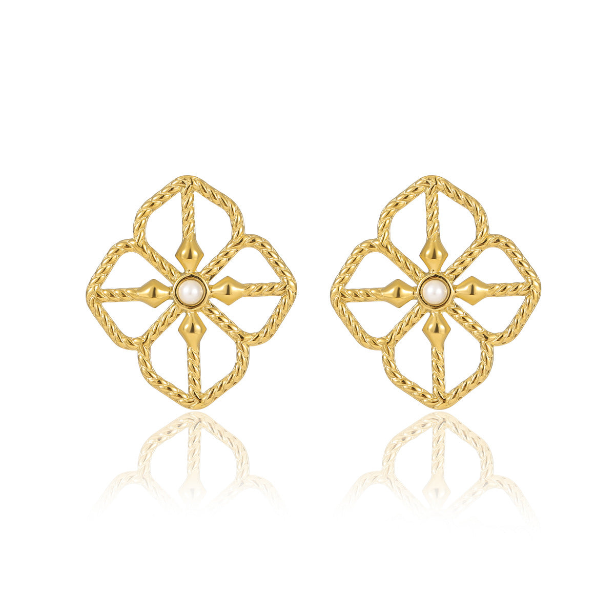 Orecchini a perno a fiore cavo in acciaio inossidabile minimalista con intarsio di perle e placcatura in oro da donna