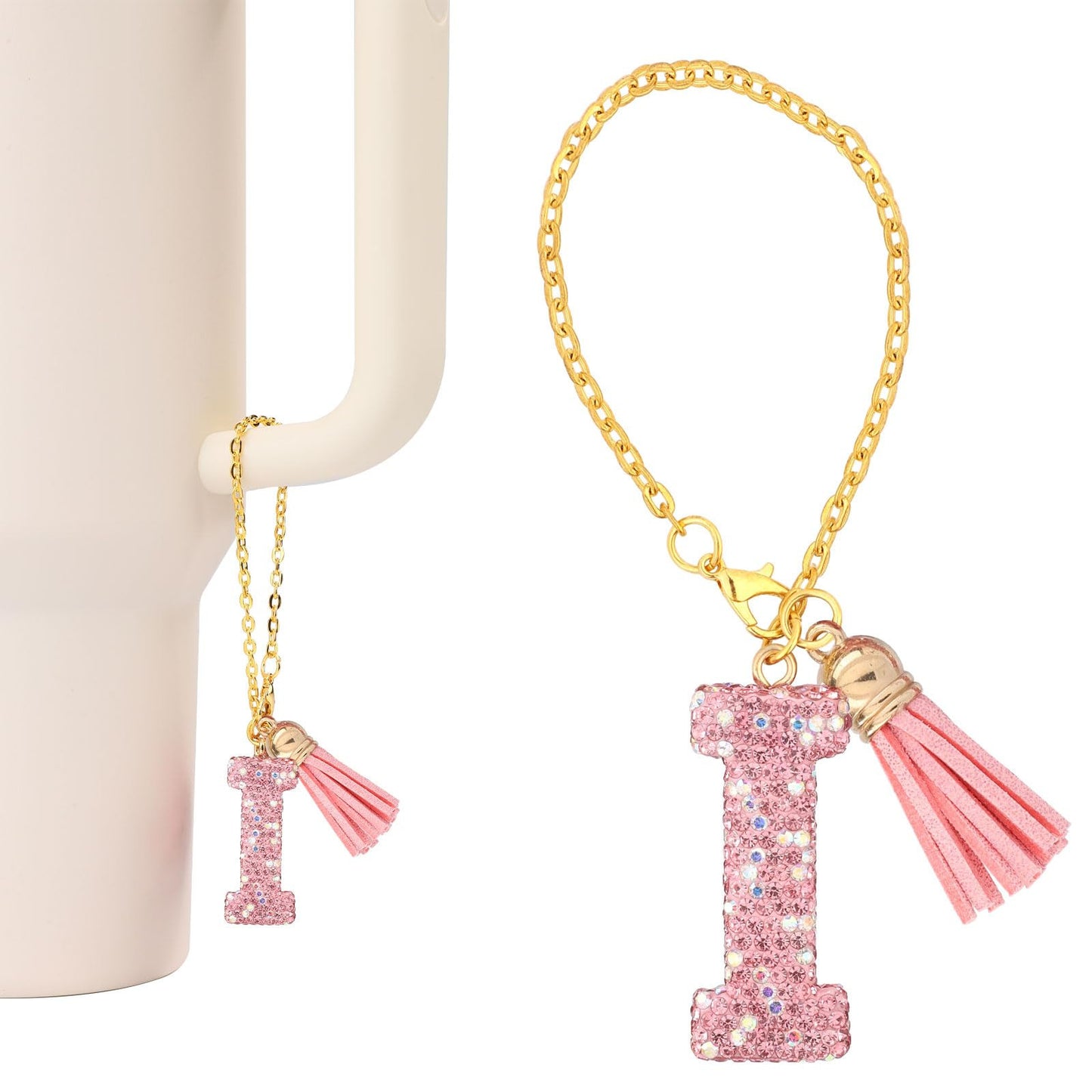 Minimalist Geometric Letter Ceramic Pendant with Gold Adjustable Chain Pink Tassel and Glitter Sequins