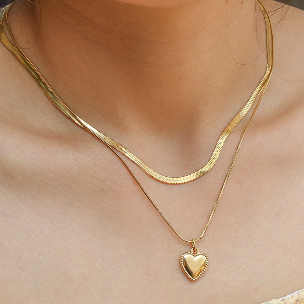 Minimalist Double Layer Heart Pendant 18K Gold Plated Titanium Steel Snake Chain Necklace for Women
