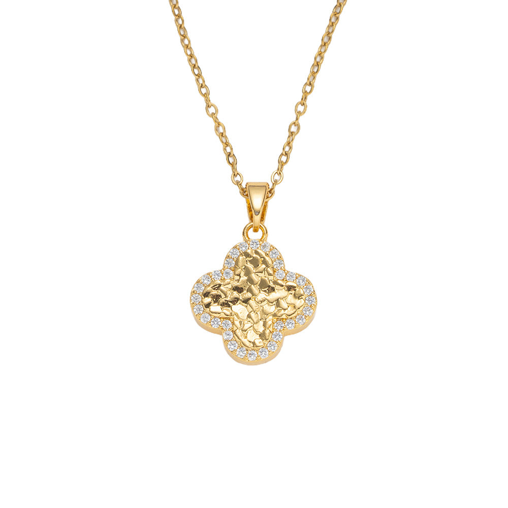 Minimalist Lucky Clover Pendant Necklace for Women in Titanium Steel with Gold Plating and Zircon Inlay on O-Chain