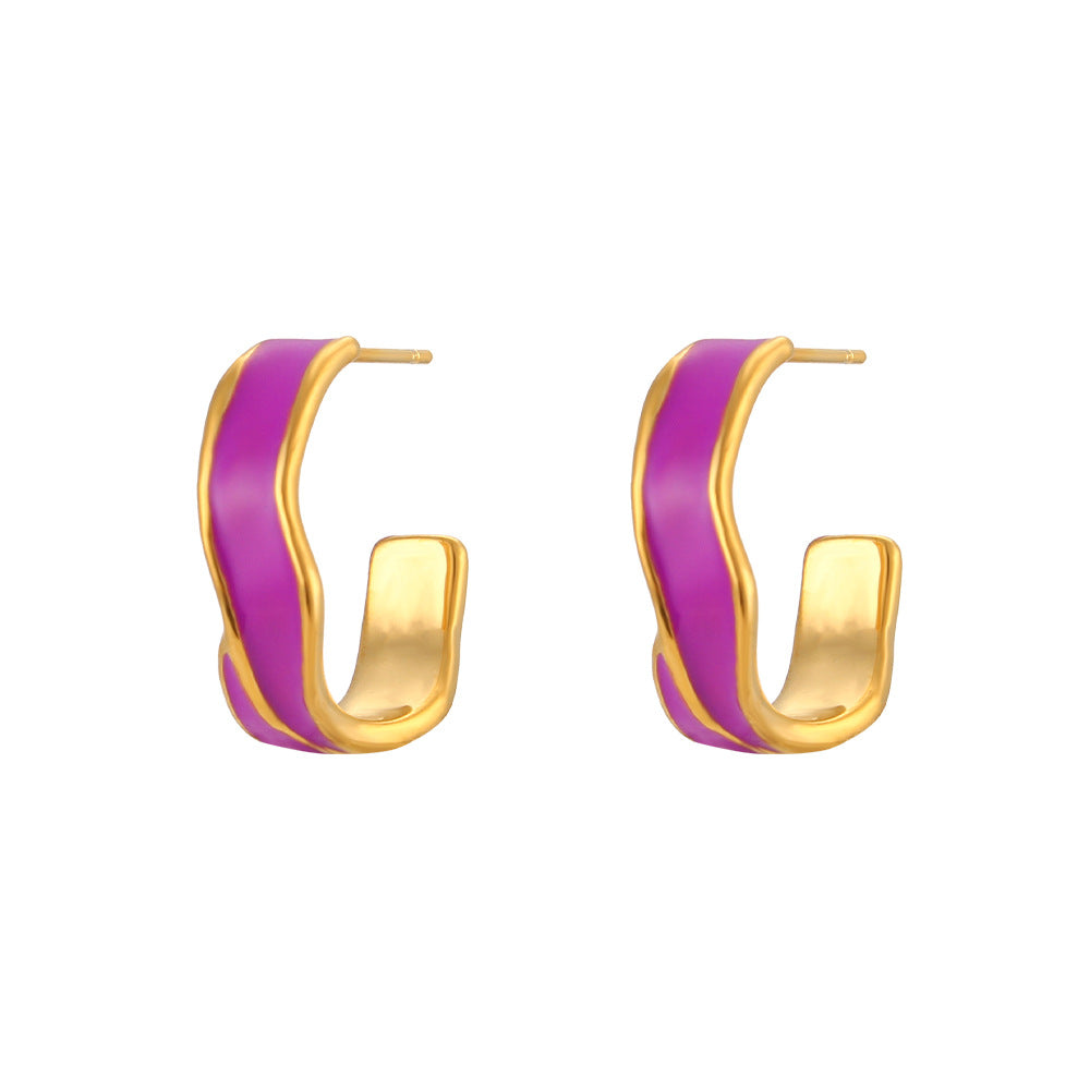 Fashionable Geometric Wheel-Shaped Stainless Steel Earrings with 18K Gold Plating and Enamel Coloring for Women