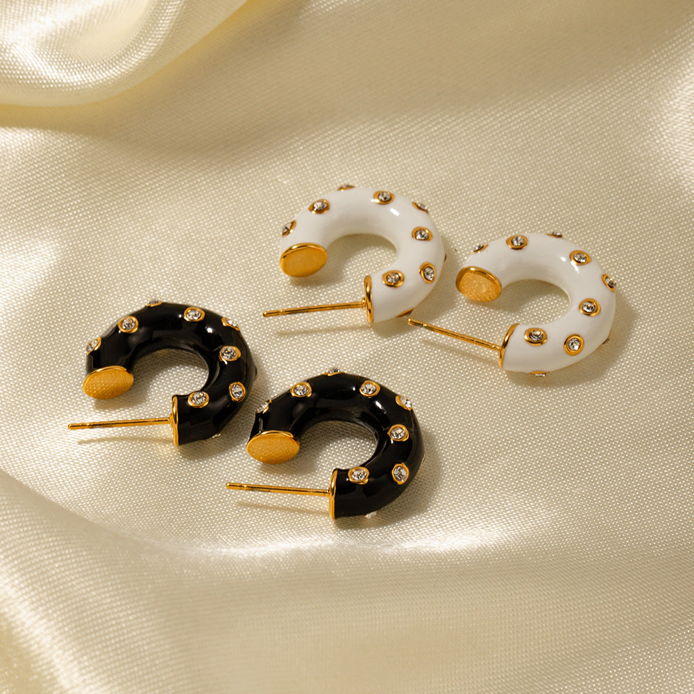 Fashionable Ins Style 18K Plated Stainless Steel Black Enamel Rhinestone C-Shape Geometric Hoop Earrings for Women