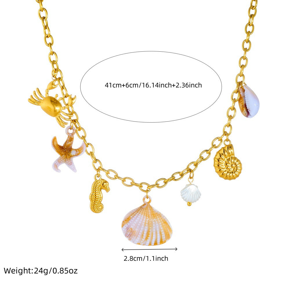 Personalized Ocean-Themed Pendant Necklace for Women with Gold-Plated Stainless Steel Conch Scallop Dolphin and Crab Charms on O-Chain