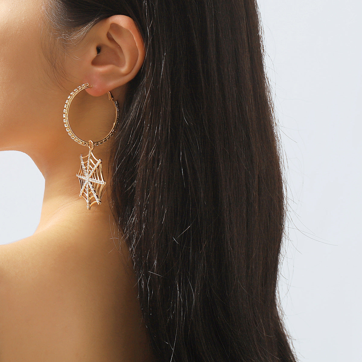 Sweet and Edgy Geometric Spiderweb Pendant Hoop Earrings in Alloy with Rhinestone Inlay and Plated Finish