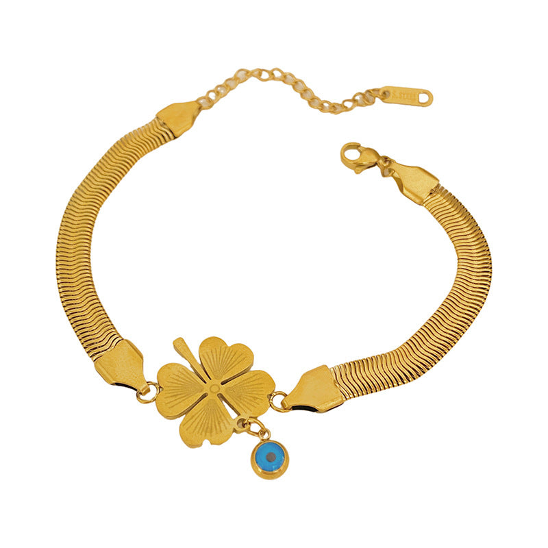 Gold Plated Titanium Steel Evil Eye Clover Bracelet Unisex