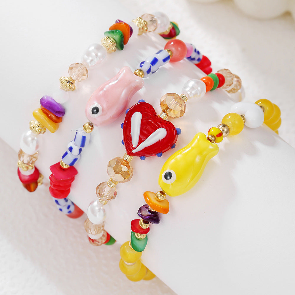 Sweet Geometric Heart Ceramic Imitation Pearl Glass Crystal Beaded Bracelet