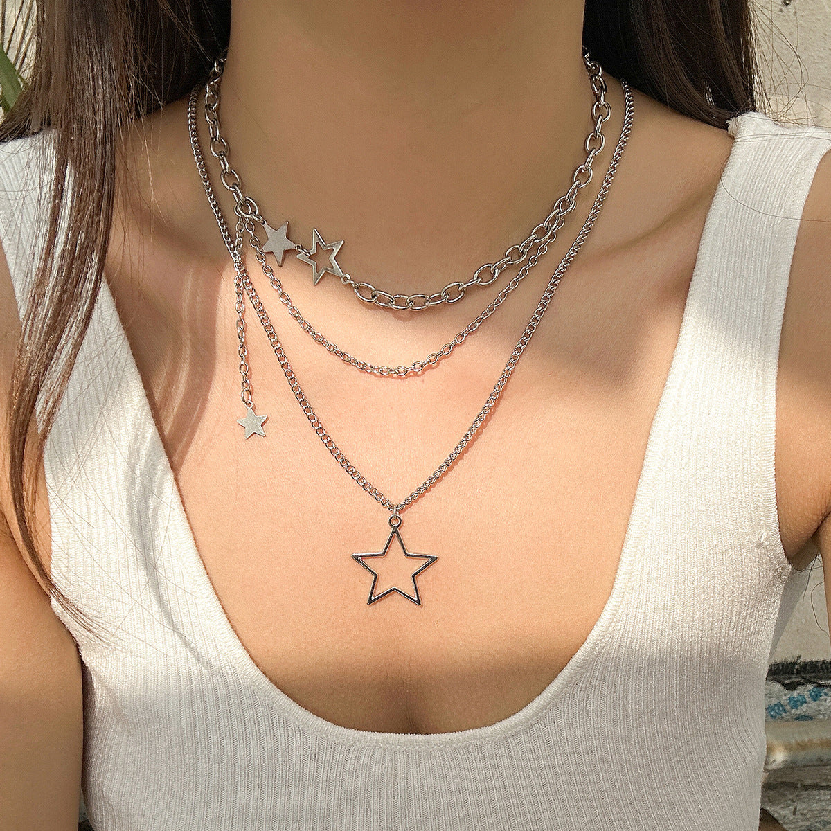 Minimalist Hollow Star Alloy Plated Layered Necklace for Women
