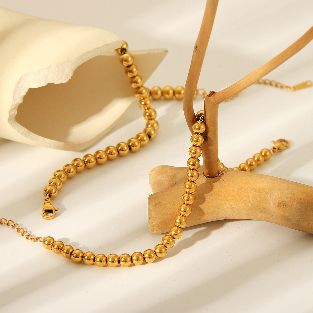 Minimalist 18K Gold Plated Stainless Steel Round Bead Chain Bracelet for Women Geometric Ball Link Jewelry