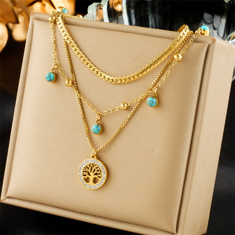 Vintage Luxury Gold Plated Heart Butterfly Round Stainless Steel Necklace with Pearl Multi-Layer