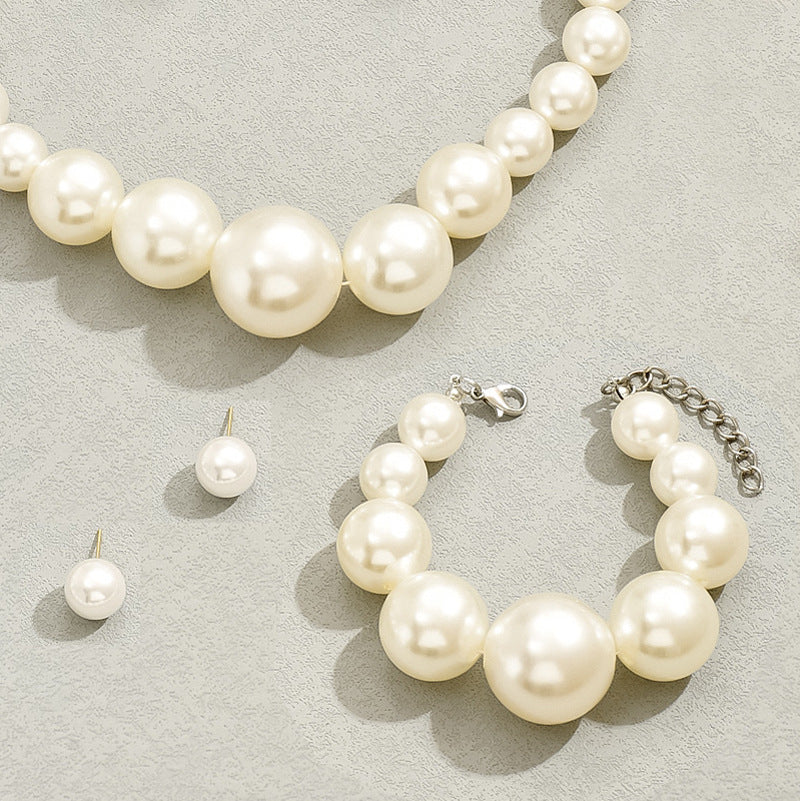 Minimalist Baroque Style Pearl Stud Earrings Pearl Necklace and Bracelet Set with Mother of Pearl Pendants on Ball Chain for Women