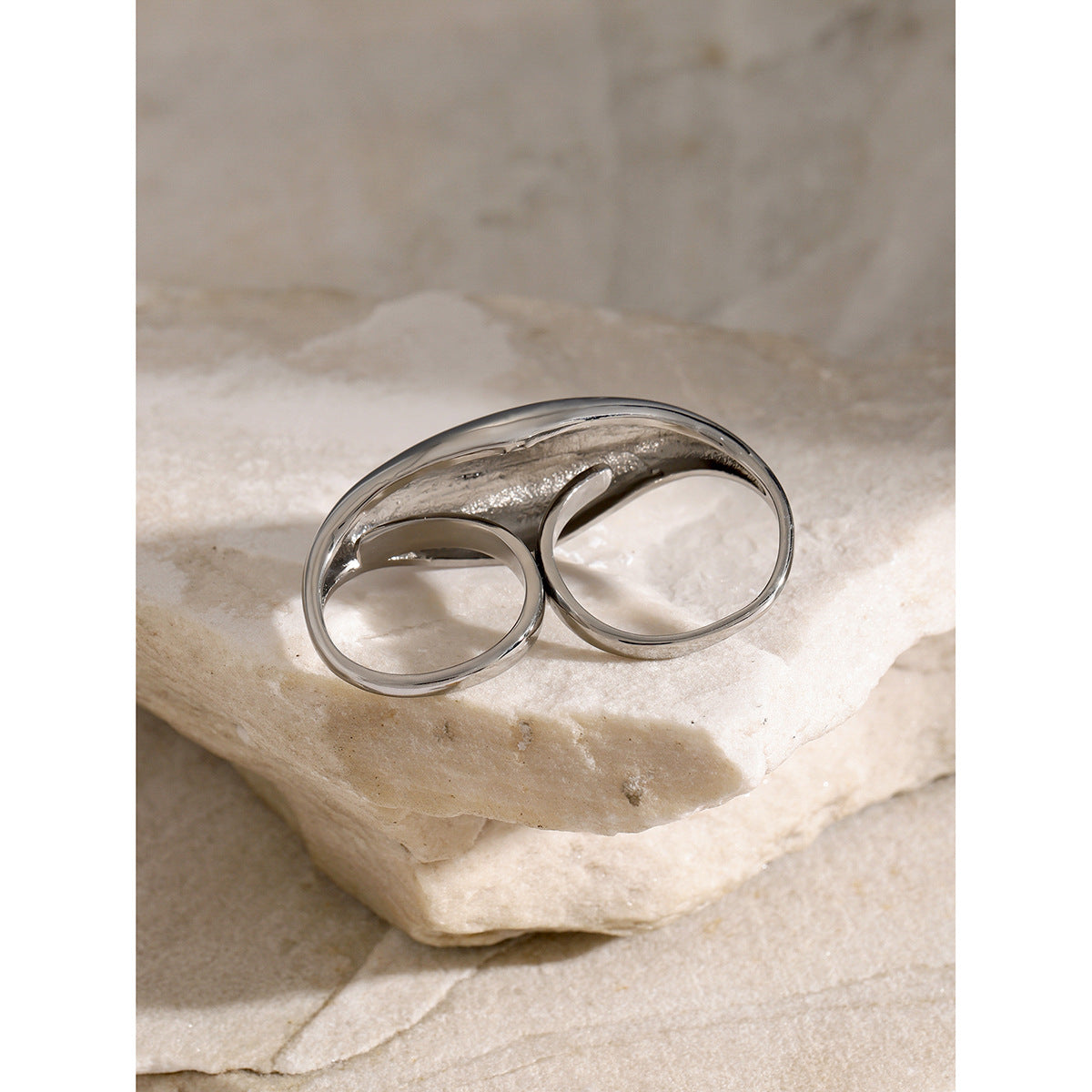 18K Gold Plated Stainless Steel Double Finger Ring Asymmetric Design