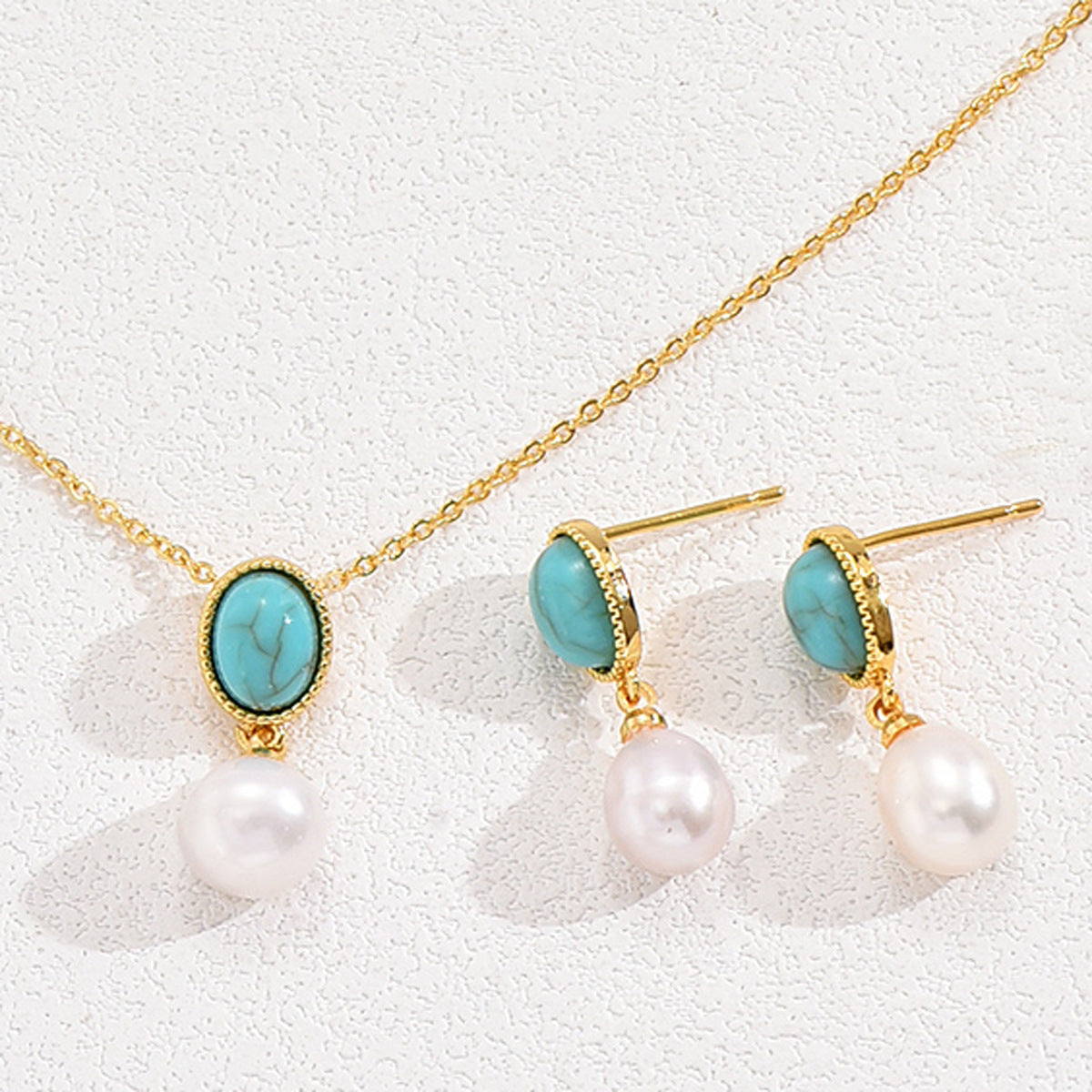 Parure di collana, orecchini e anello da donna vintage, artistica e minimalista con intarsio di perle e rame, con elementi geometrici rotondi, ovali e circolari