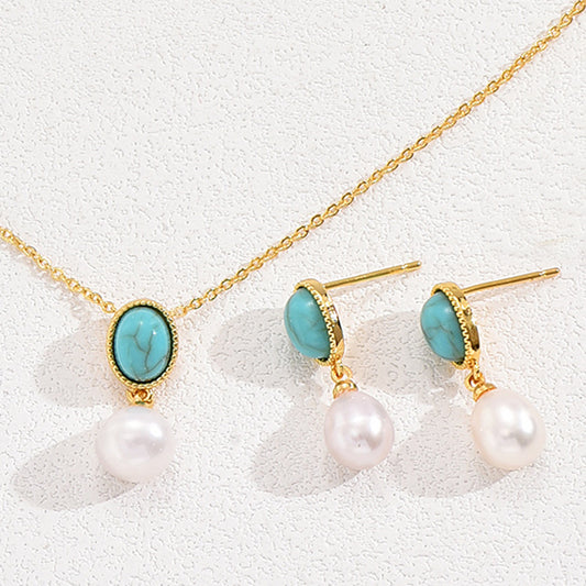 Vintage Artistic Minimalist Pearl Inlay Copper Necklace Earrings and Ring Set with Round Oval and Circular Geometric Elements for Women