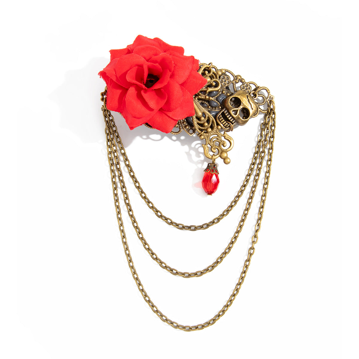 Vintage Punk Iron Plated Floral Teardrop Brooch with Crystal Skull Pin for Women