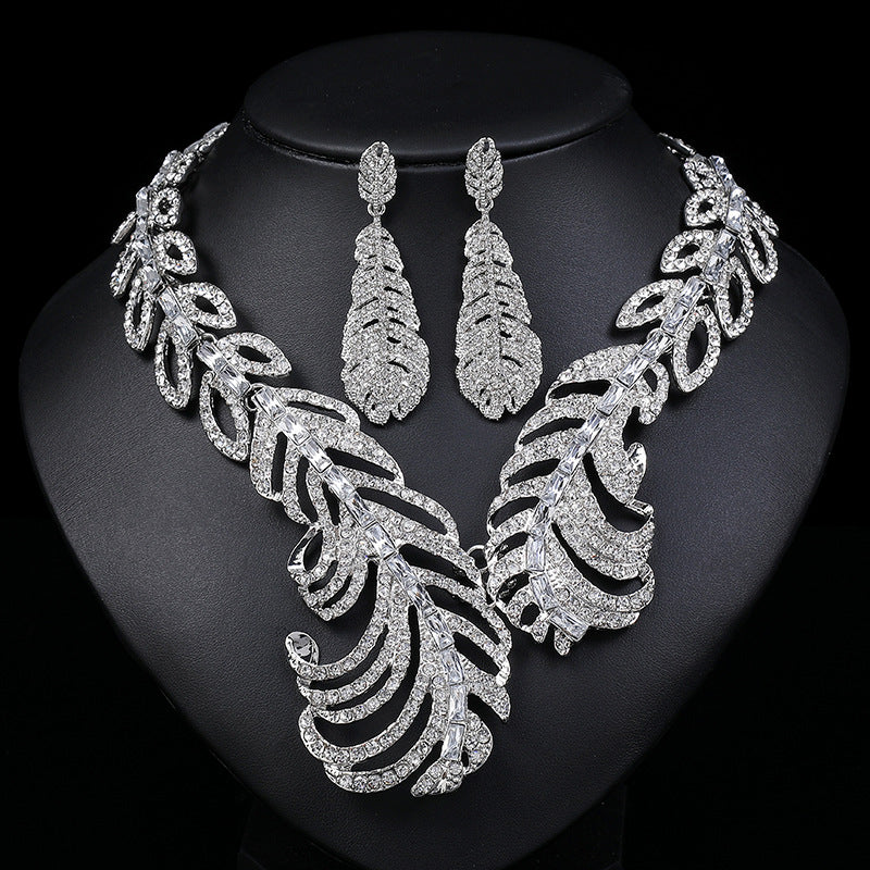 Set di collane da donna in lega a forma di piuma, stile vintage, con intarsi di strass