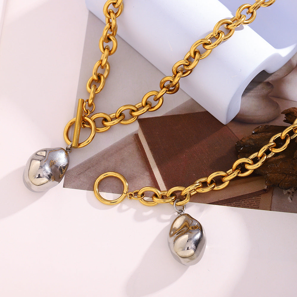 Fashion Minimalist Peanut-Shaped Stainless Steel Plated 18K Gold Solid Necklace and Bracelet Set for Women