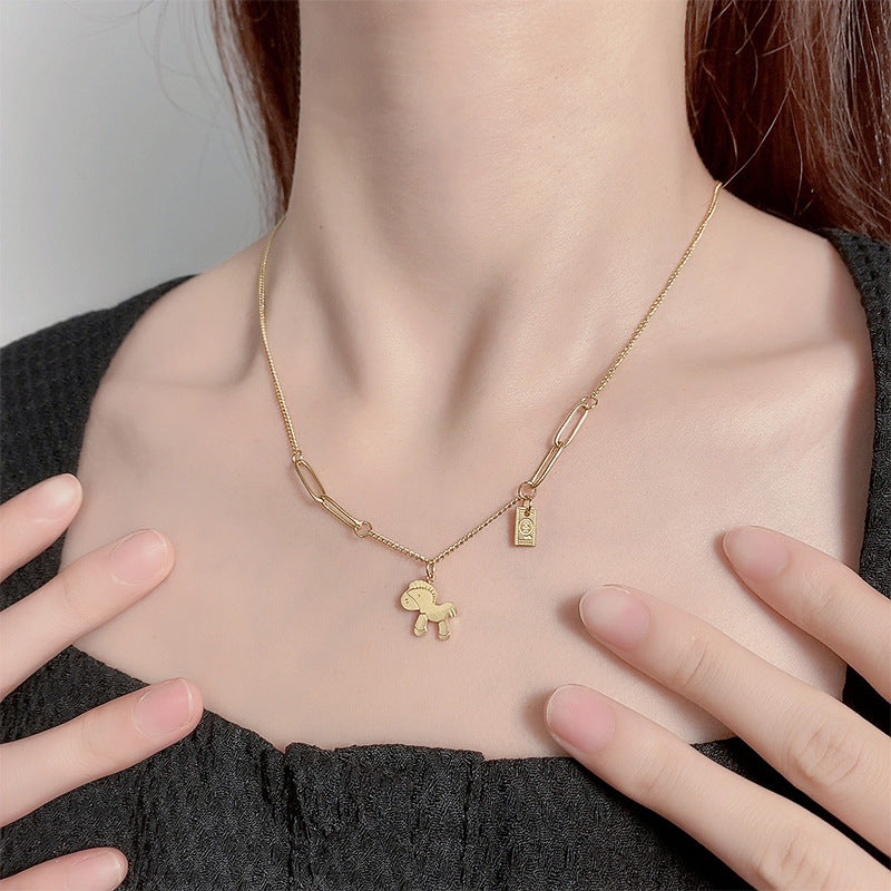 Unique Gold Plated Horse Butterfly Geometric Titanium Steel Necklace for Women
