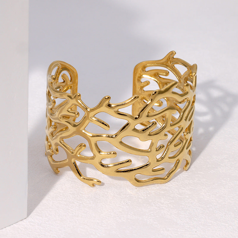 Vintage Irregular Hollow-Out Wide Cuff Bracelet for Women in Stainless Steel with Plated Finish
