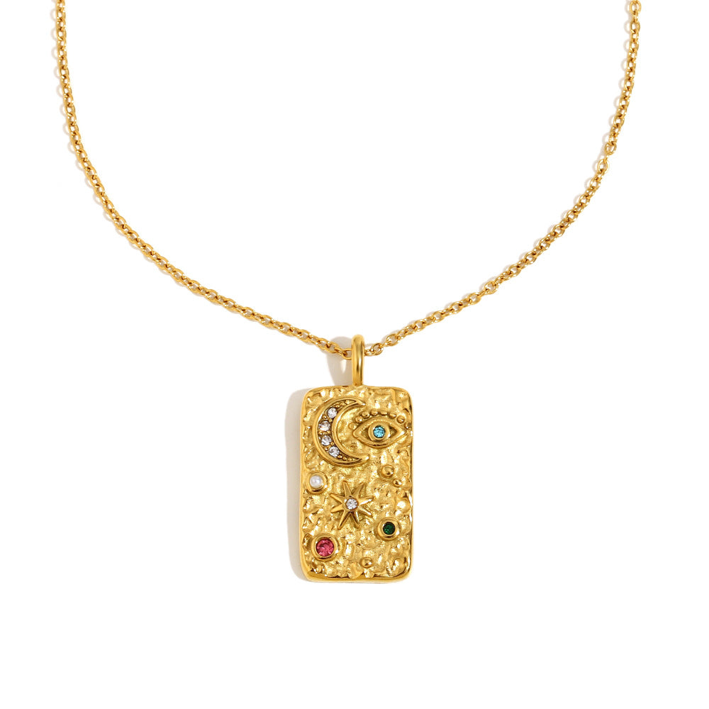 Fashionable Geometric Moon and Star Pendant Necklace for Women in Stainless Steel with 18K Gold Plating