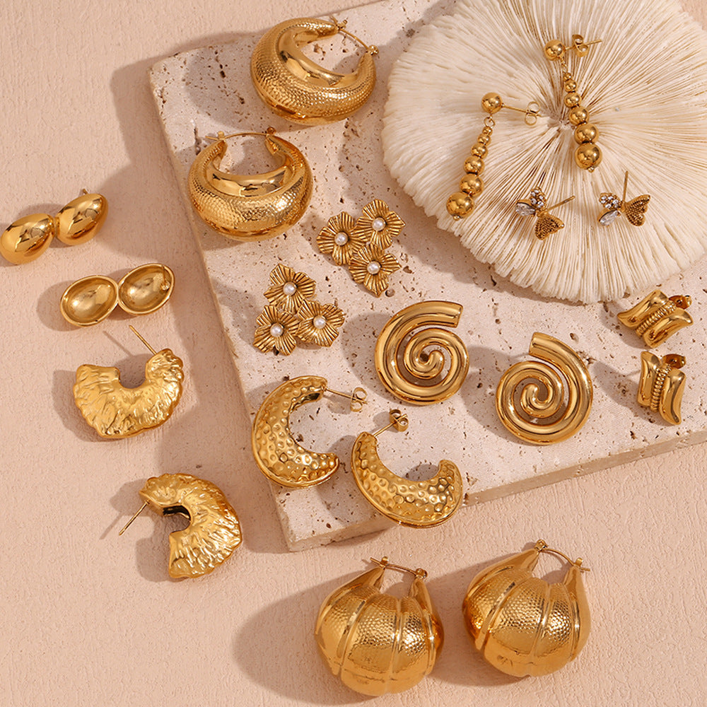 Vintage-Inspired Peanut-Shaped Stainless Steel Earrings with 18K Gold Plating for Women