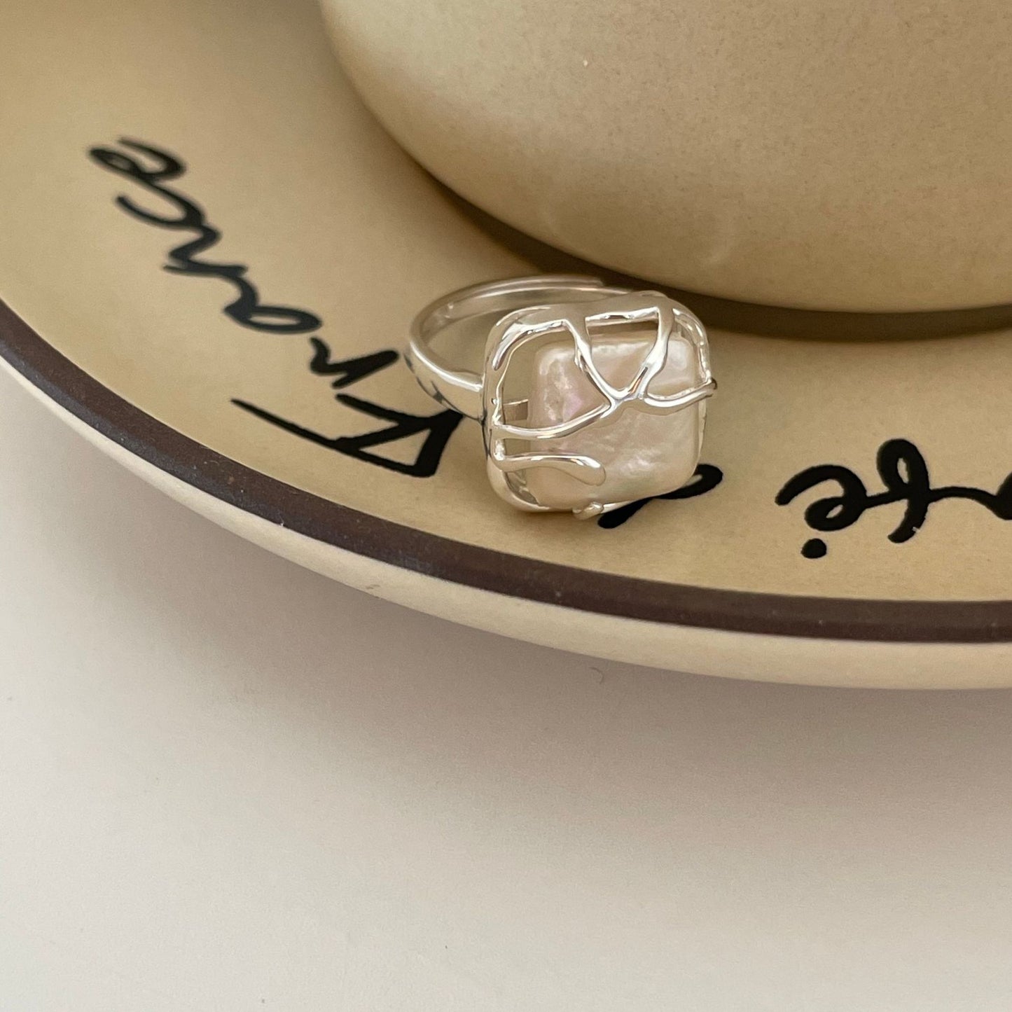 Minimalist French Style Heart-Shaped 925 Sterling Silver Ring with Pearl Inlay for Women