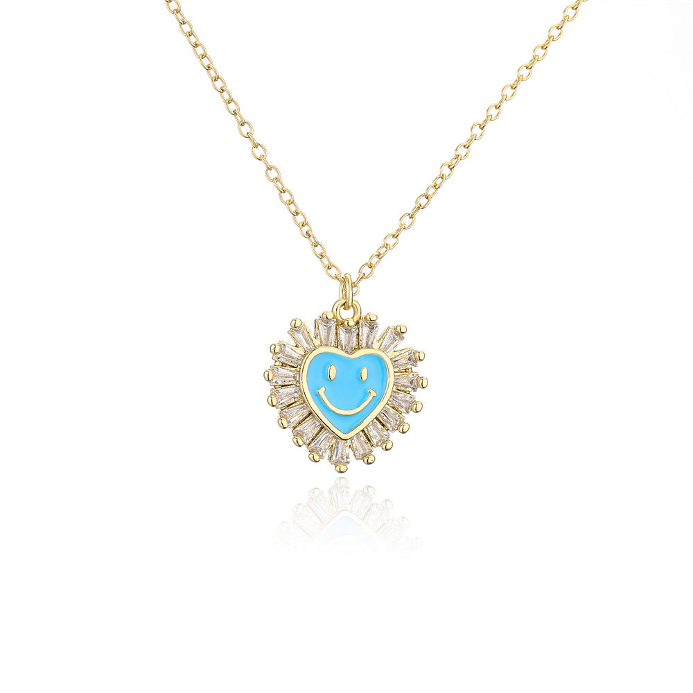 Cute Heart-Shaped Copper Pendant Necklace with Micro-Paved Zirconia and Enamel Smile Design