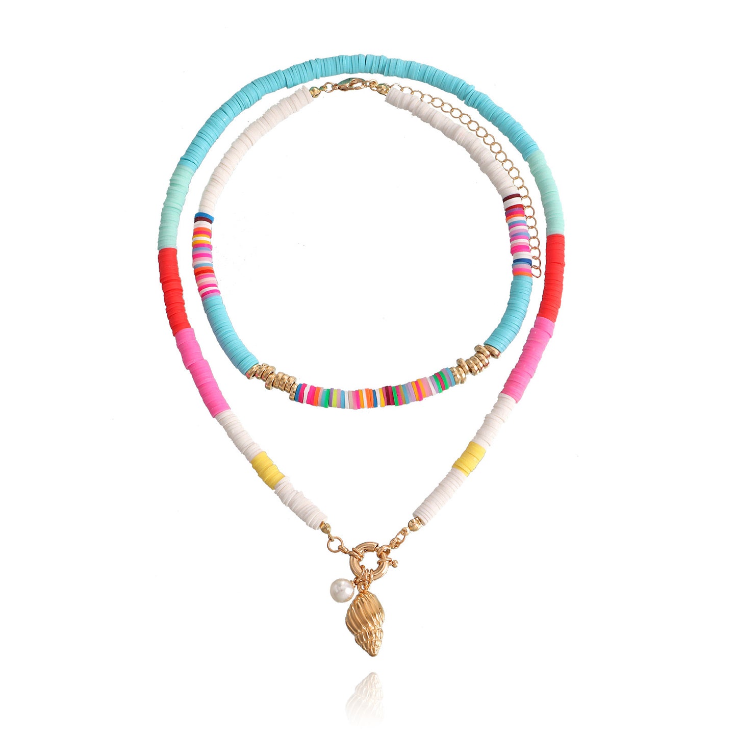 Geometric Double-Layer Polymer Clay and Pearl Scallop Pendant Necklace for Women with Plated Alloy Finish