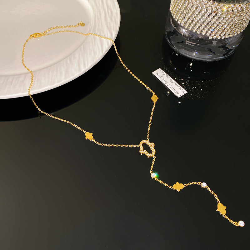 Geometric Rhinestone Inlaid Gold Plated Titanium Steel Necklace for Unisex