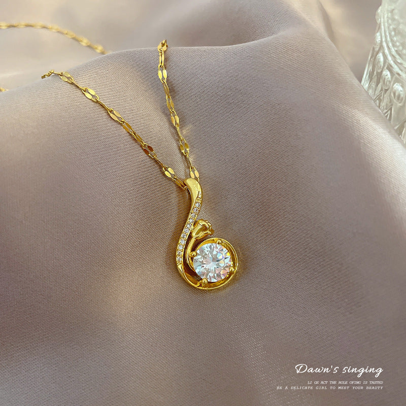 Cartoon Style Dove Pendant Necklace in Titanium Steel with Rhinestone Inlay for Women and Men, Delicate Clavicle Chain