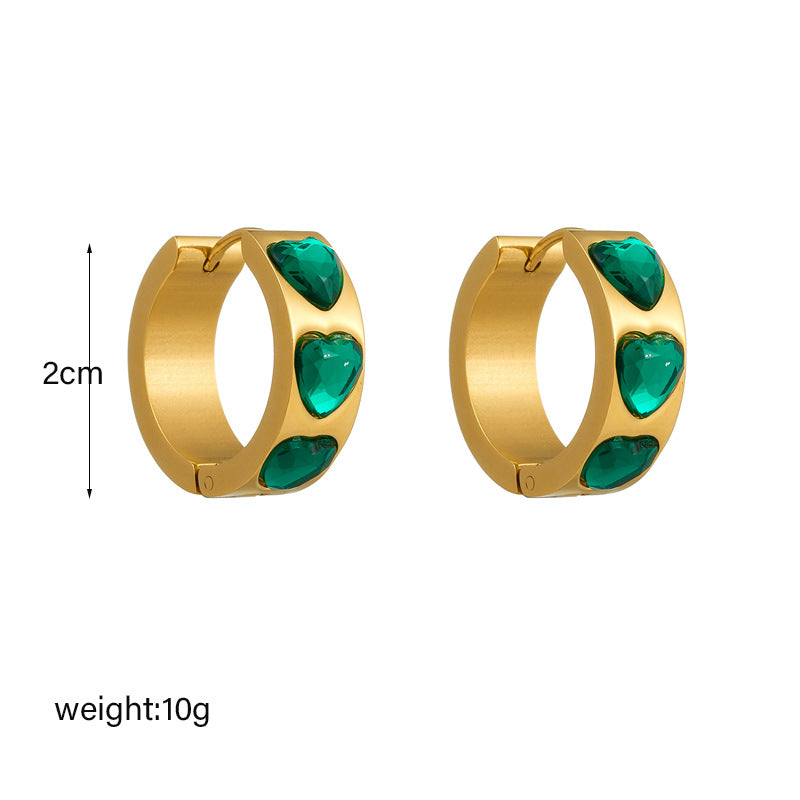Orecchini a cerchio da donna minimalisti con strass a forma di cuore, incastonati, verde smeraldo, stile vintage, con fascia larga in acciaio al titanio