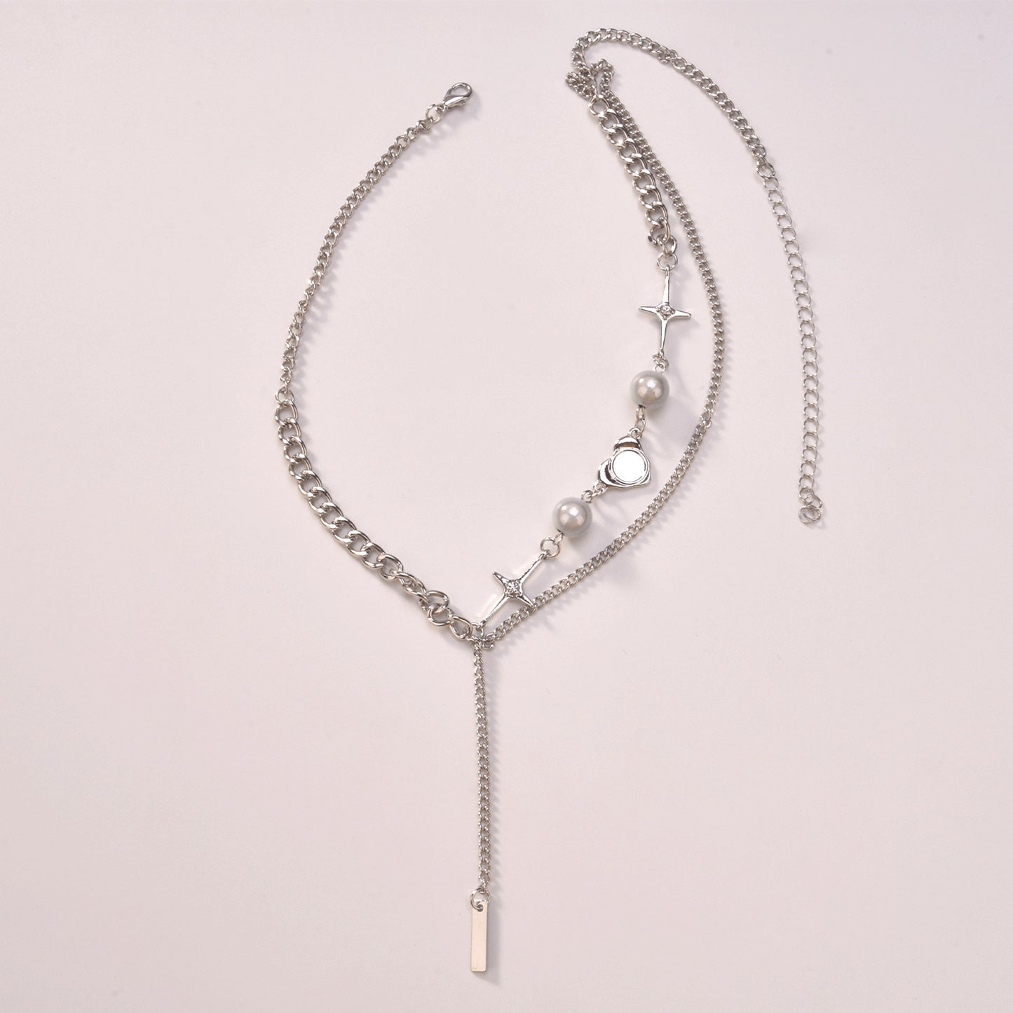 Retro Geometric Pendant Necklace for Women with Stainless Steel Chain, Luminescent Pearl and Rhinestone Star Accent, Fringe Detail, Plated Finish