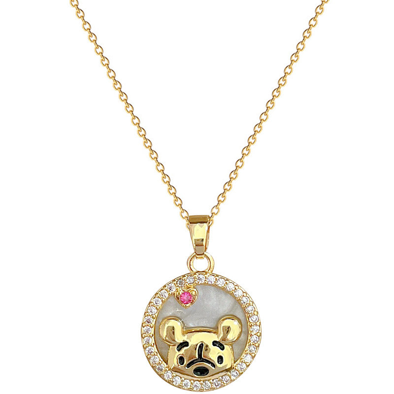 Luxury Rhinestone-Encrusted Bear Pendant Necklace in Titanium Steel with Enamel Finish Geometric Design for Women and Men
