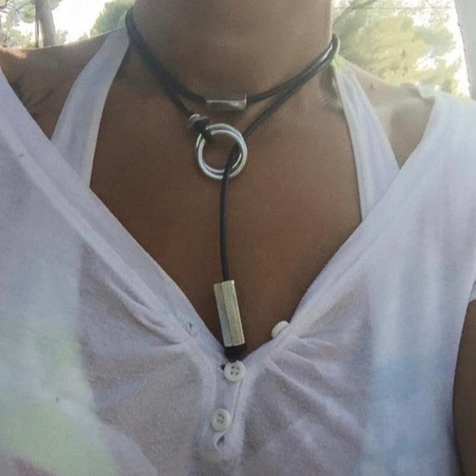 Geometric Round Leather Alloy Pendant Cable Chain Necklace Adjustable Multi-Layer Choker for Unisex