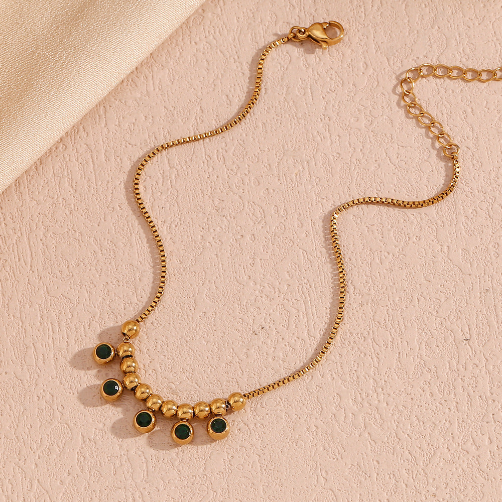 Vintage Geometric Stainless Steel Anklet with 18K Gold Plating and Green Rhinestone Accents for Women