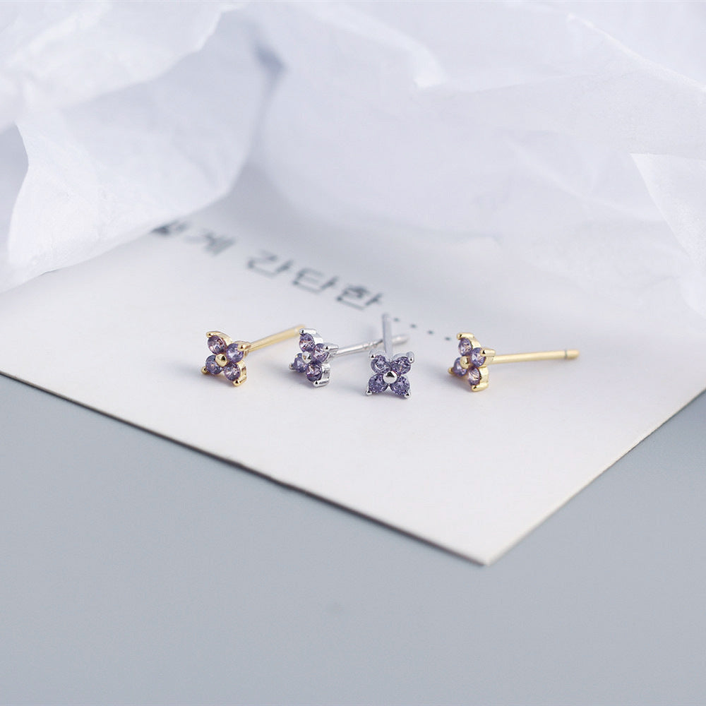 Minimalist Sweet 925 Sterling Silver Inlaid Rhinestone Floral Stud Earrings