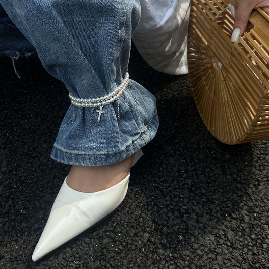 Tobillera minimalista de cadena de bola con perlas de imitación y diamantes de imitación con cruz para mujer