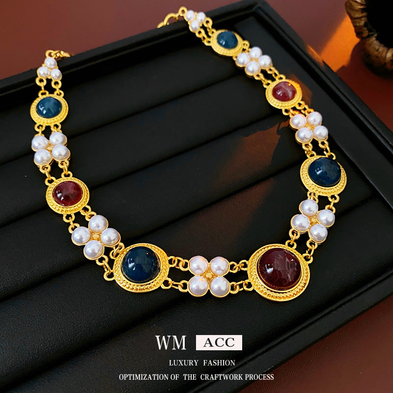 Vintage Style Geometric Pendant Necklace and Tassel Earrings Set with Imitation Pearl Accents and Gold-Plated Alloy Components for Women