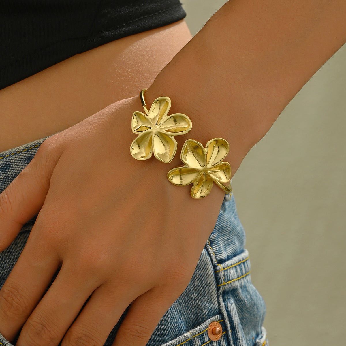 Floral Design Adjustable Opening Bracelet for Women in Alloy with Plated Finish