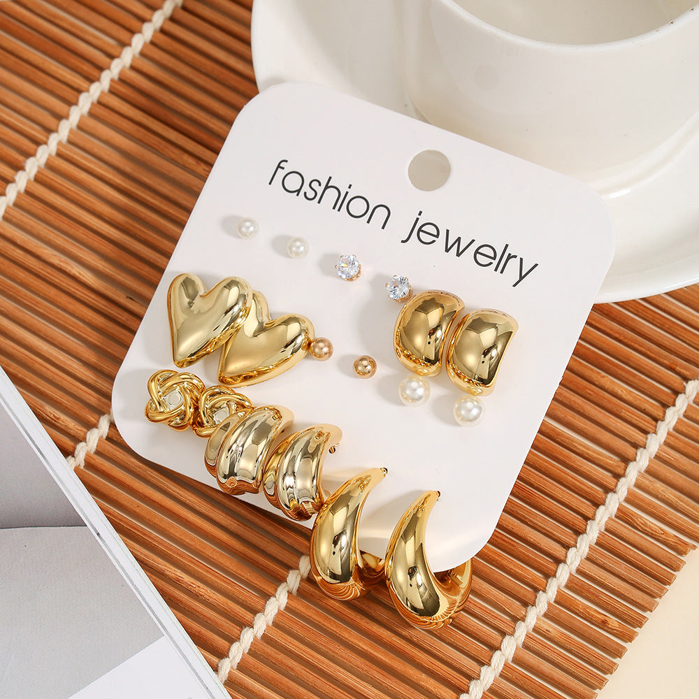 Vintage Geometric Heart Alloy Plated Earrings with Pearl