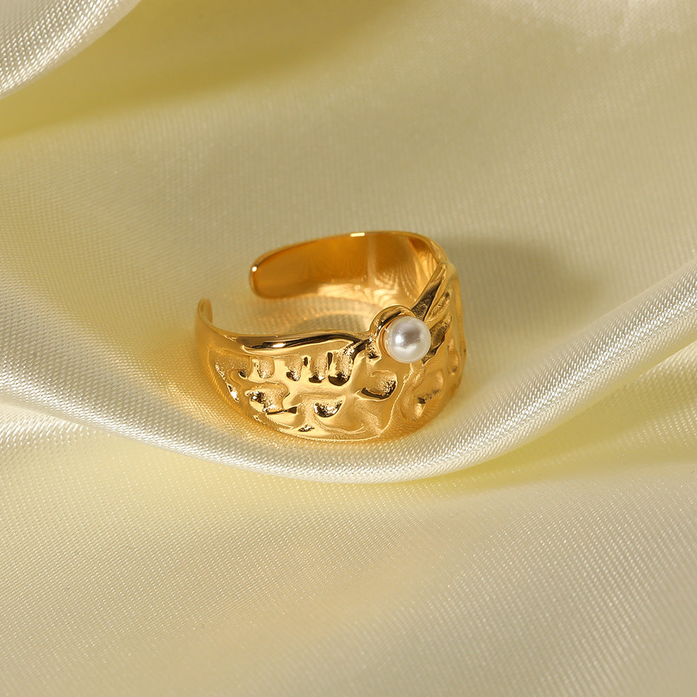 Minimalist Geometric Lava Pearl Ring in Stainless Steel with 18K Vacuum Plating, Adjustable Open Band
