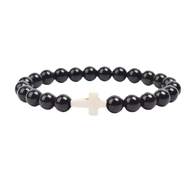 Vintage Bohemian 8mm Agate Cross Beaded Bracelet Unisex Religious Handmade Jewelry