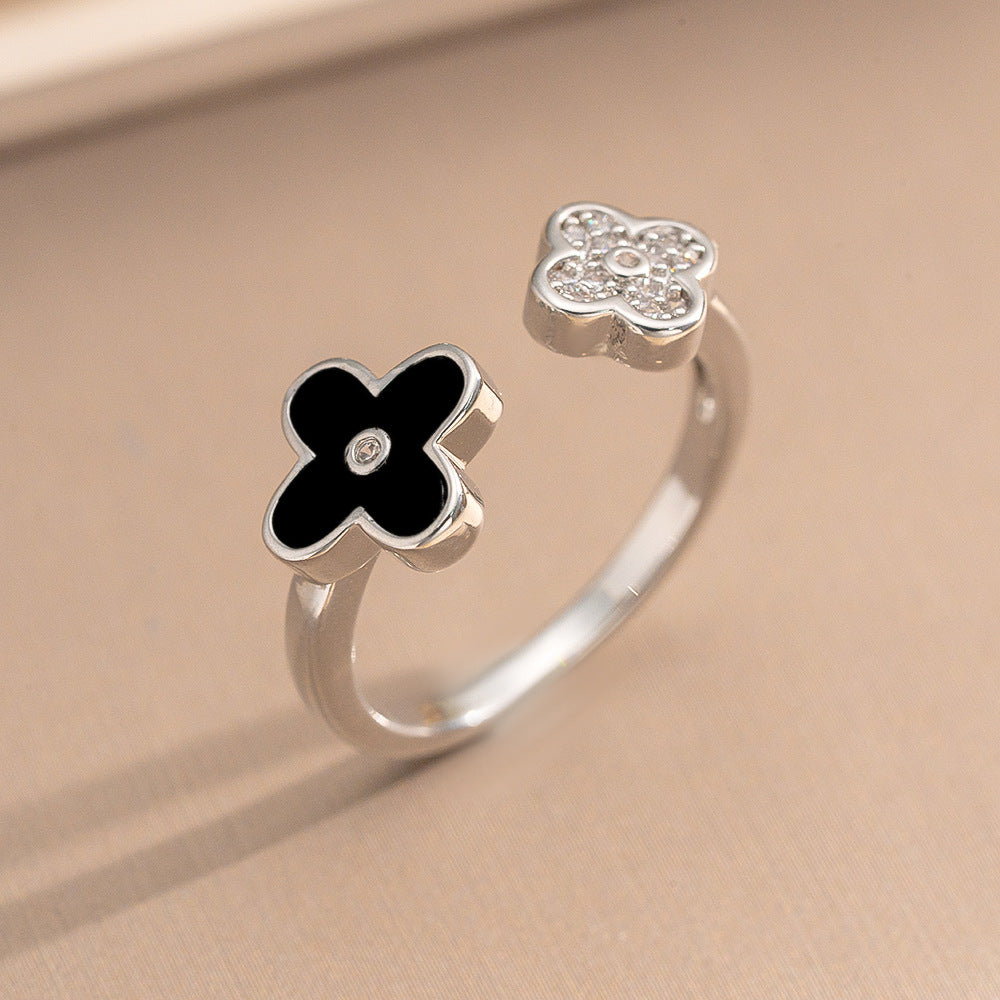Luxury Minimalist Adjustable Open Ring for Women with Gold-Plated Copper Band and Zircon Stone Accent in Heart and Floral Shape