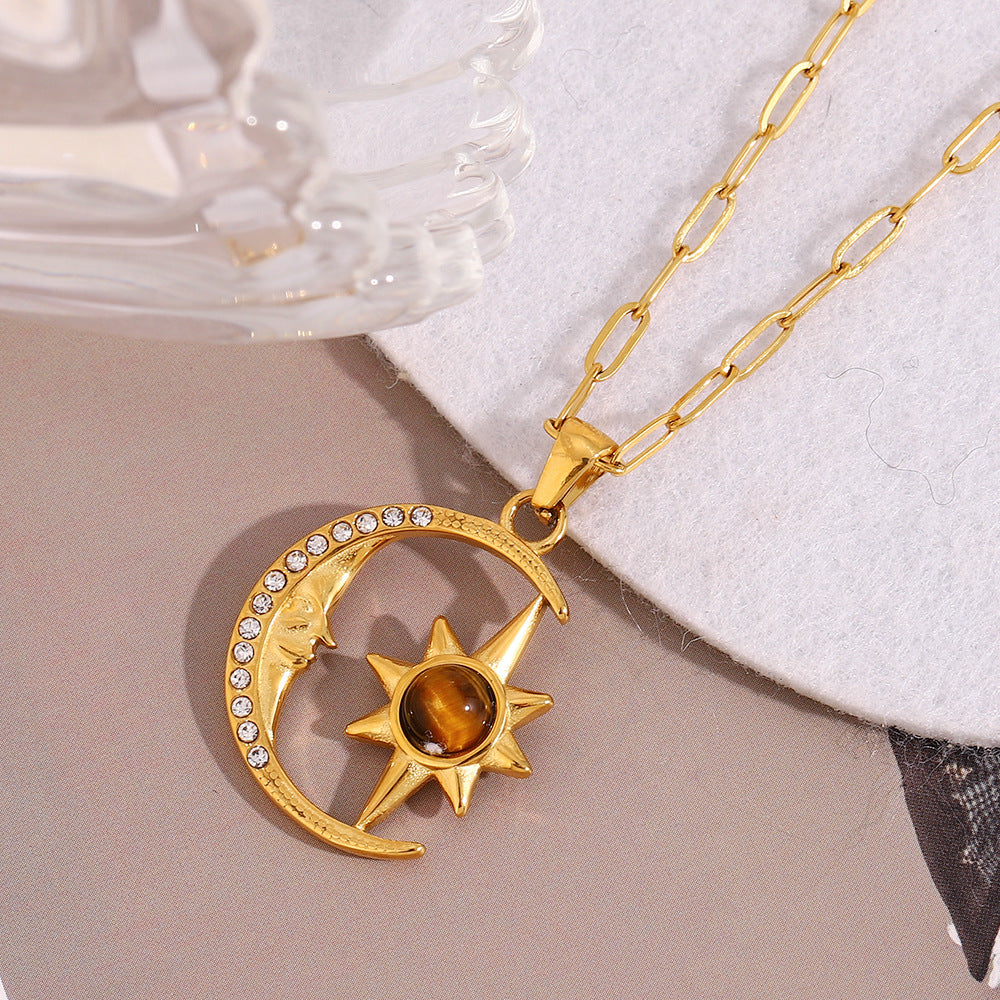 Collana con Ciondolo Vintage Stella e Luna da Donna in Acciaio Inossidabile con Placcatura in Oro 18K Design Celestiale Minimalista