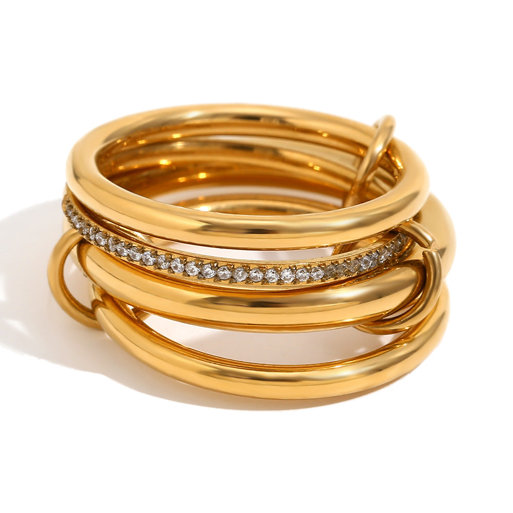 Anello in acciaio inossidabile geometrico creativo con placcatura in oro 18 carati e strass centrale da donna