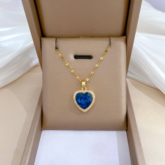 Luxury Sweet Stainless Steel Heart Chain Necklace with Rhinestone Inlay for Unisex