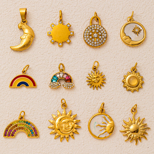 Vintage 18K Gold Plated Stainless Steel Sun Rainbow Charm Bar PVD
