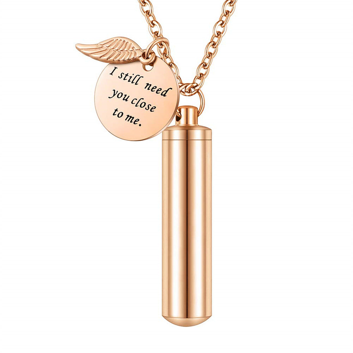 Personalized Stainless Steel Angel Wing Pendant Necklace with Hollow Cylinder Design for Pet Memorial Keepsake Unisex