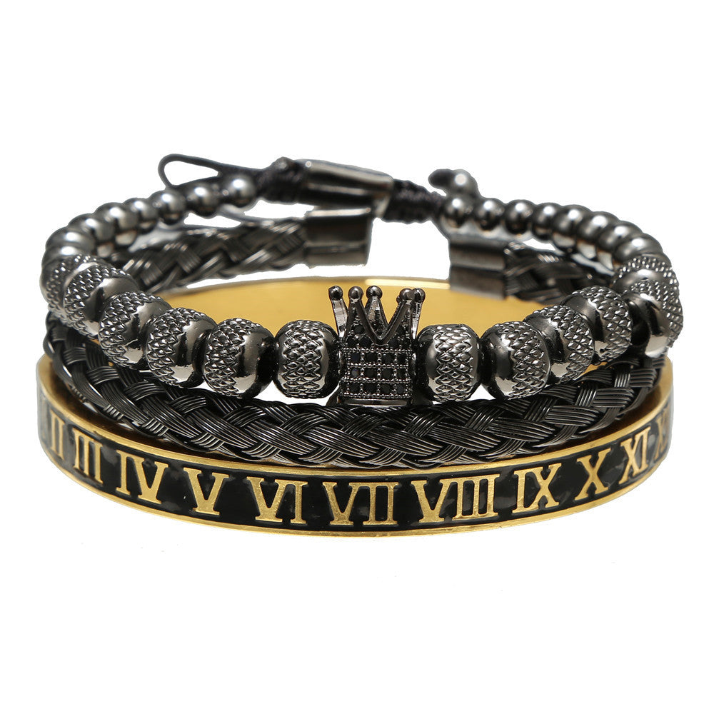 Personalized Double Leopard Head Black Agate Micro-set Cubic Zirconia Brass Stainless Steel Bracelet Set